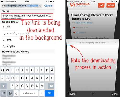 Screenshots of mobile Safari in iOS