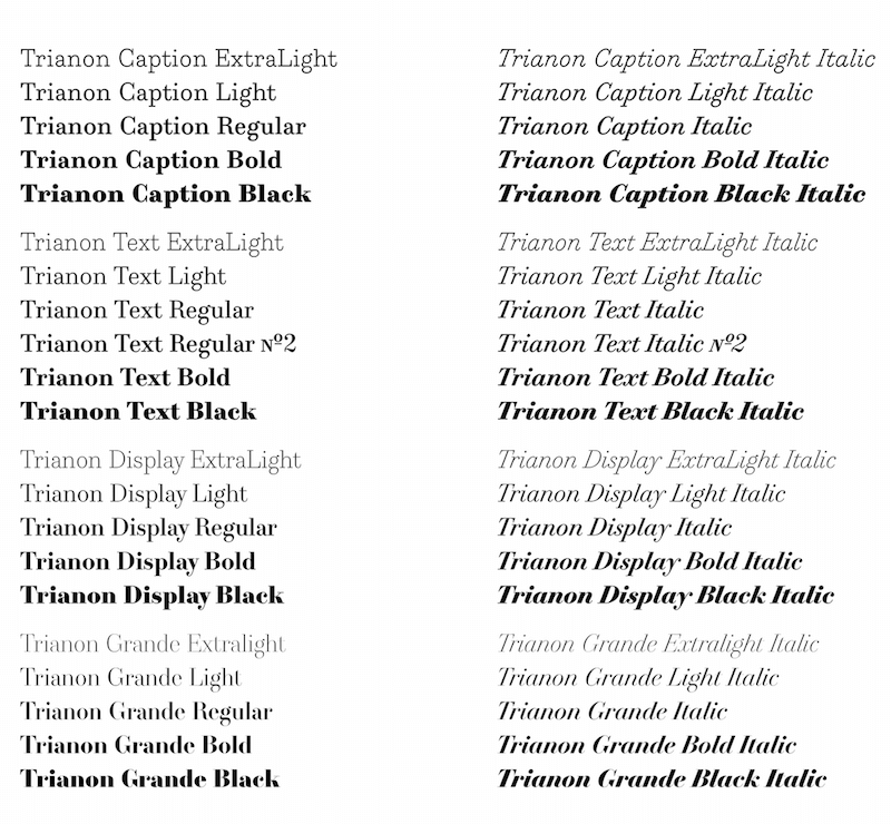 specimen of the Trianon typeface