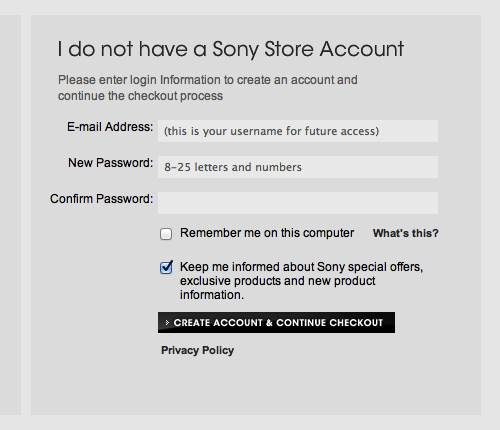 Sony Electronics Checkout Step 2 Account