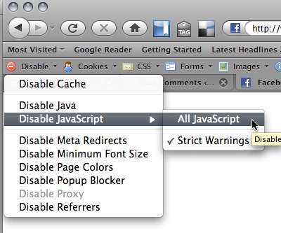 Disable JavaScript with the web developer toolbar