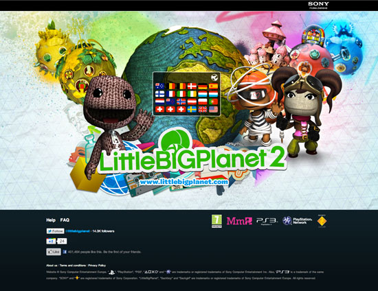Little Big Planet prompts the user to choose a language and region before browsing through the site