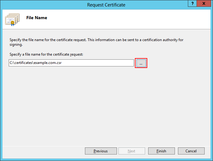 Browse for a place to save the generated CSR and click Finish