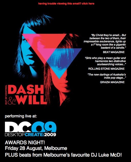 Screenshot of Dash and Will, live performance announcement