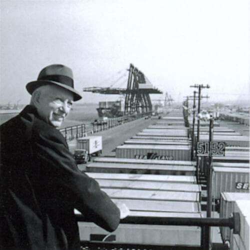 Malcolm McLean at railing, Port Newark, 1957