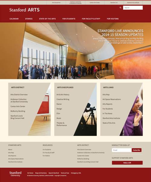 Screenshot of Stanford Arts home page