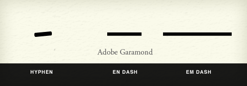 Dashes: hyphen, en dash, em dash