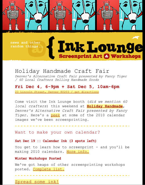 Screenshot of Ink Lounge newsletter, Holiday Handmade Craft Fair