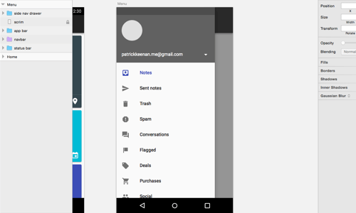 Navigation drawers provide navigation to primary sections within the app and global functions such as account switching and configuration.