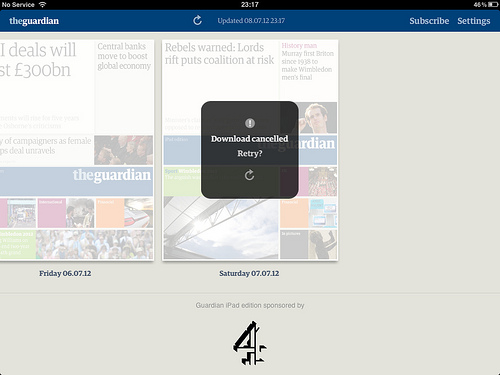 The Guardian's 'Download canceled' message.