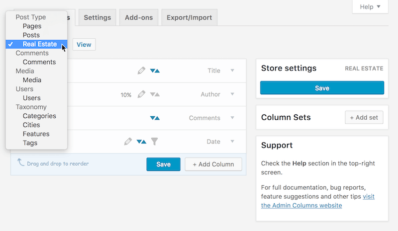 controlling the columns per content type