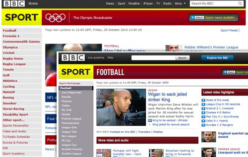 Screenshot of the old BBC sports website