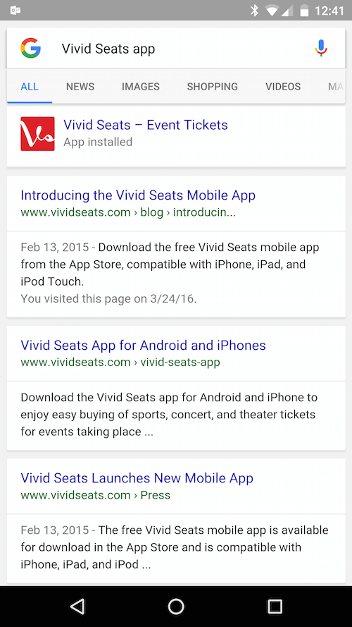 View of an indexed app on a Nexus 6P running Android 7.0 when the app is installed on the device.