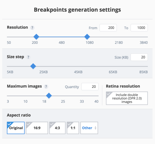 Generator settings including Resolution, Size step, Maximum images, Retina resolution and Aspect ratio