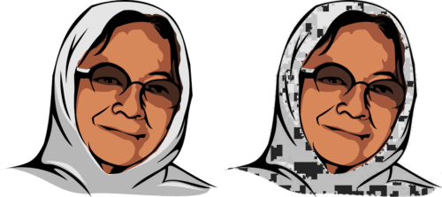 Two images of an old woman, the second full of image rendering artifacts