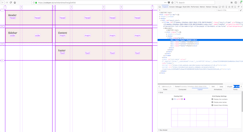 The Grid Inspector in Firefox demonstrating named areas