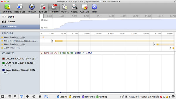 Memory statistics in Chrome Developer Tools.