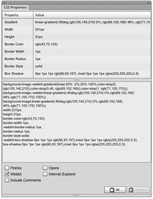 CSS Properties panel in Fireworks CS6