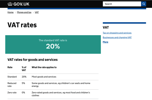 GOV.UK screen showing the VAT rates at 20% as standard