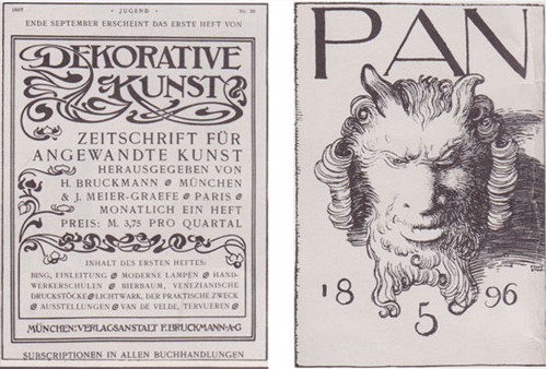 Title pages from German avant-garde publications Dekorative Kunst and Pan, examples of lettering during the Art Nouveau movement.