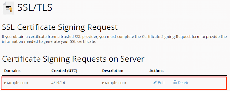 cPanel Certificate Signing Request with the new CSR generated