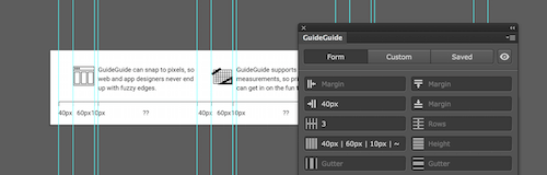 Image of an Illustrator document with the three column icon grid from before, now created using the GuideGuide form.