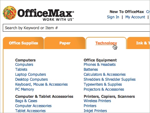 Officemax mega-menus facilitate category scanning
