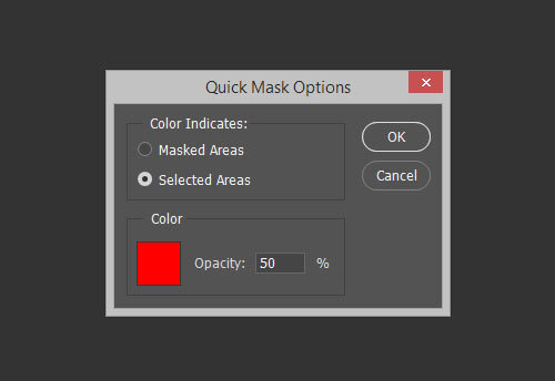 The Quick Mask Options menu allows you to change the color, opacity and target of the overlay.