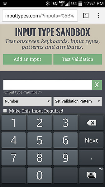 An appropriate keyboard is displayed to Android users for the numberinput type.