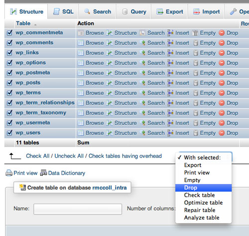 Dropping a database in phpMyAdmin.