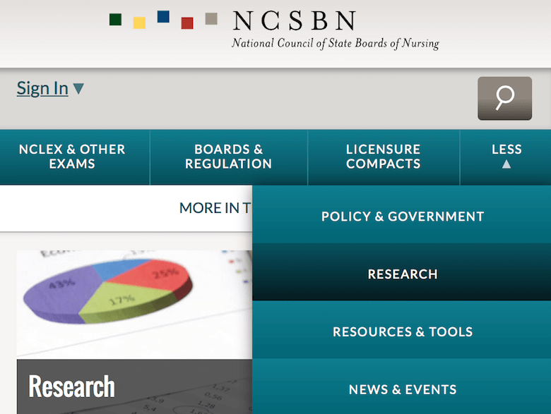 An image of the responsive navigation used on NCSBN website.