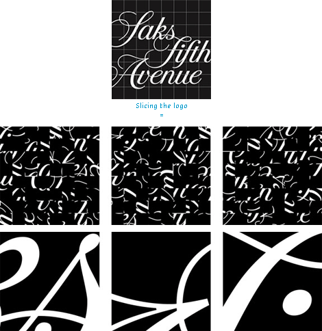 Logo for Saks Fifth Avenue and its graphic permutations based on slicing the grid. (Image: Brand New).