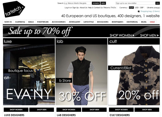 farfetch website, elegant black-and-white design, fashion boutique