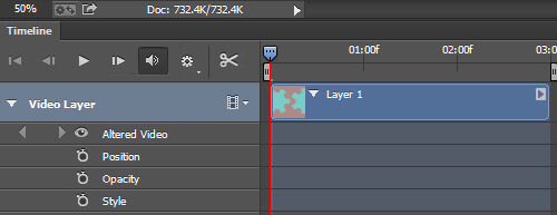 A video layer group in the timeline with the layer properties exposed