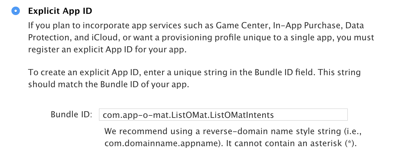 A screenshot of the Apple developer screen to create an app ID