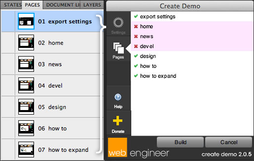 Fireworks Pages panel (left), Create Demo page selection (right)