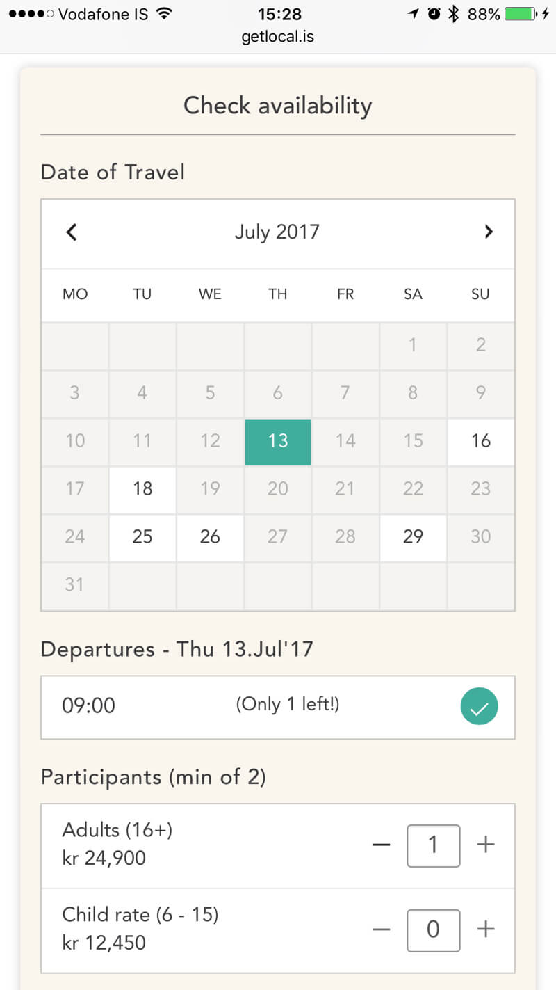 The mobile booking form highlights the availability on individual days