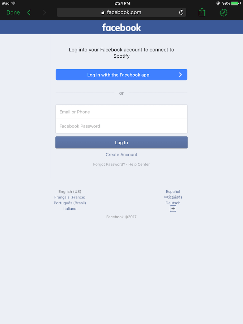Facebook log-in screen for Spotify
