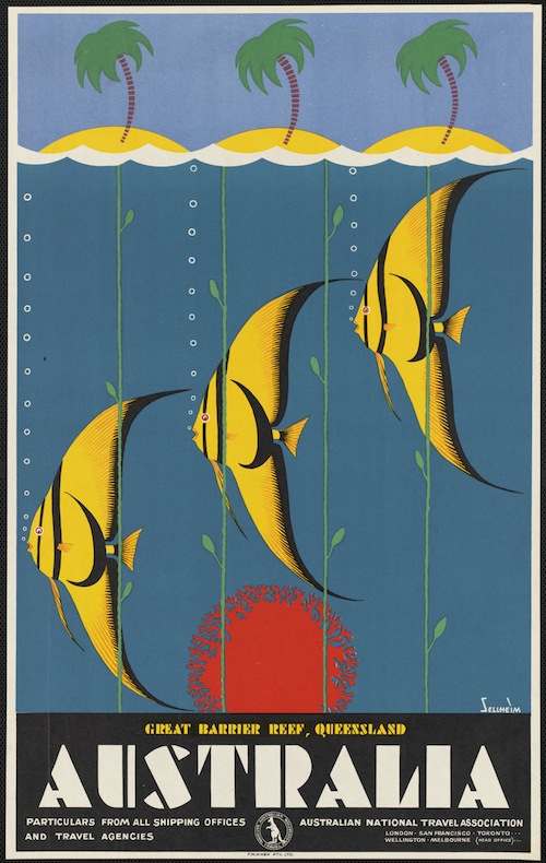 A 1930’s travel poster for the Great Barrier Reef, designed by Gert Sellheim.