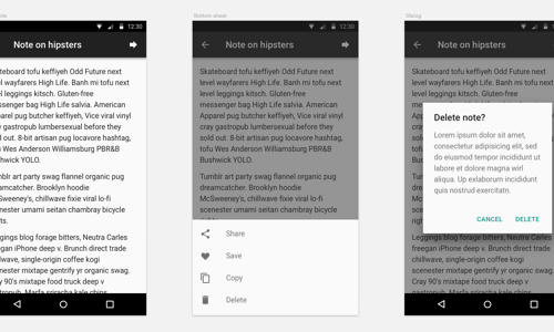 In material design, bottom sheets display a set of actions without covering the screen. These sheets emerge from the bottom of the screen, then drop back down when dismissed.