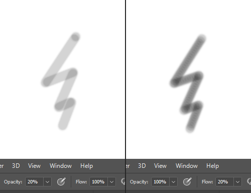Opacity and Flow both control the brush's transparency but are very different.