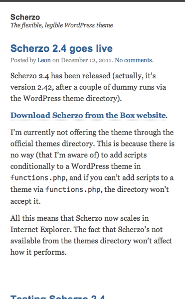 Scherzo on mobile uses the same font styles as the desktop version with a white background and moves the sidebar below the main content. It has less white space than the desktop version.