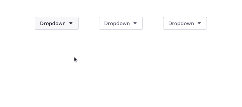 Three dropdown buttons and a cursor showing how hover and click work, each dropdown opens and closes a menu.