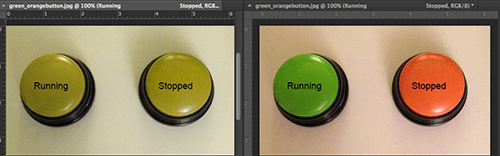绿色和橙色按钮在Photoshop中显示，带有氘盲软校样和正常（添加了文本标签）。