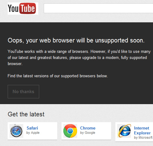 YouTube's message for IE6 users