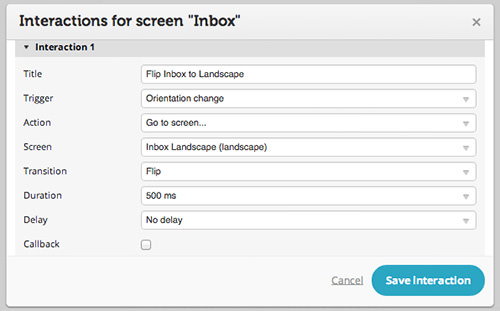 Creating an action to show a new page when a change in device orientation is detected.