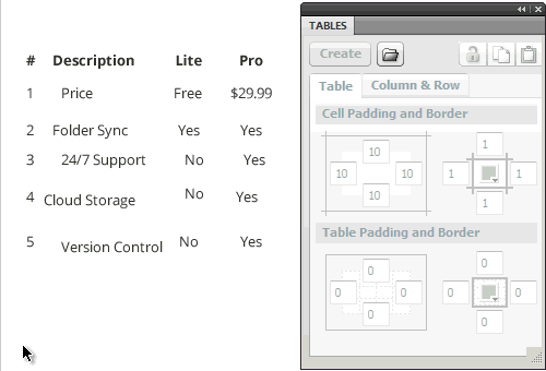 Tables Panel: Easily Build Tables in Fireworks