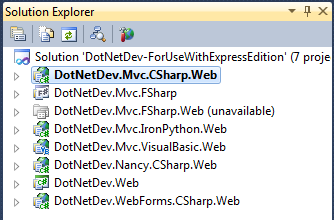 Screenshot of the demo project open in Visual Studio Web Developer Express