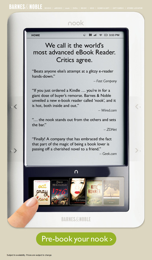 Screenshot of Barnes and Noble, nook - eBook reader, prebooking availability announcement 