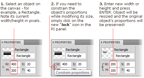 The Property Inspector Panel in Fireworks CS5 - Constrain Proportions option
