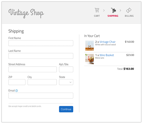 Mockup design of a shipping page